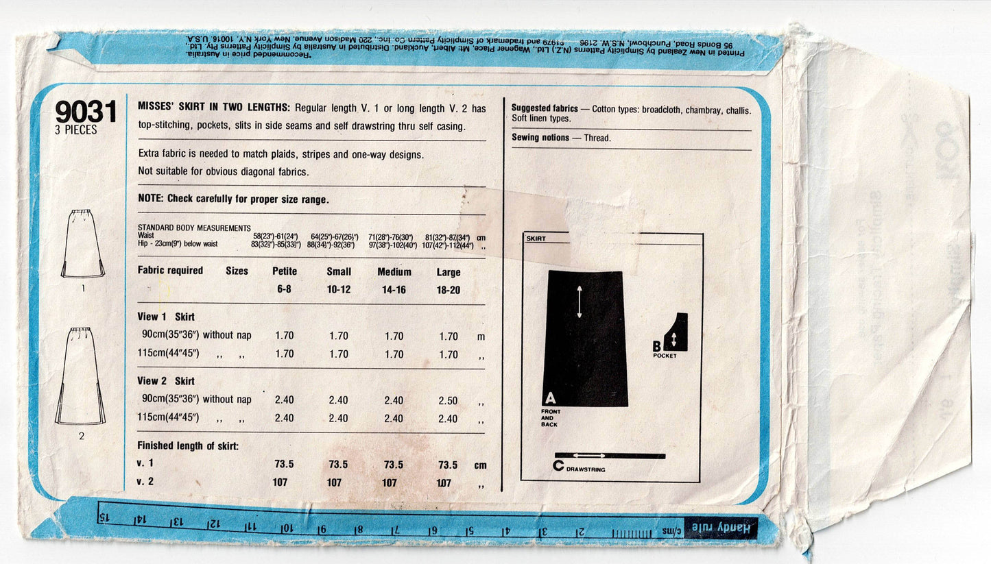 Simplicity 9031 Womens SUPER JIFFY Drawstring Skirts 1970s Vintage Sewing Pattern Size MEDIUM UNCUT Factory Folded