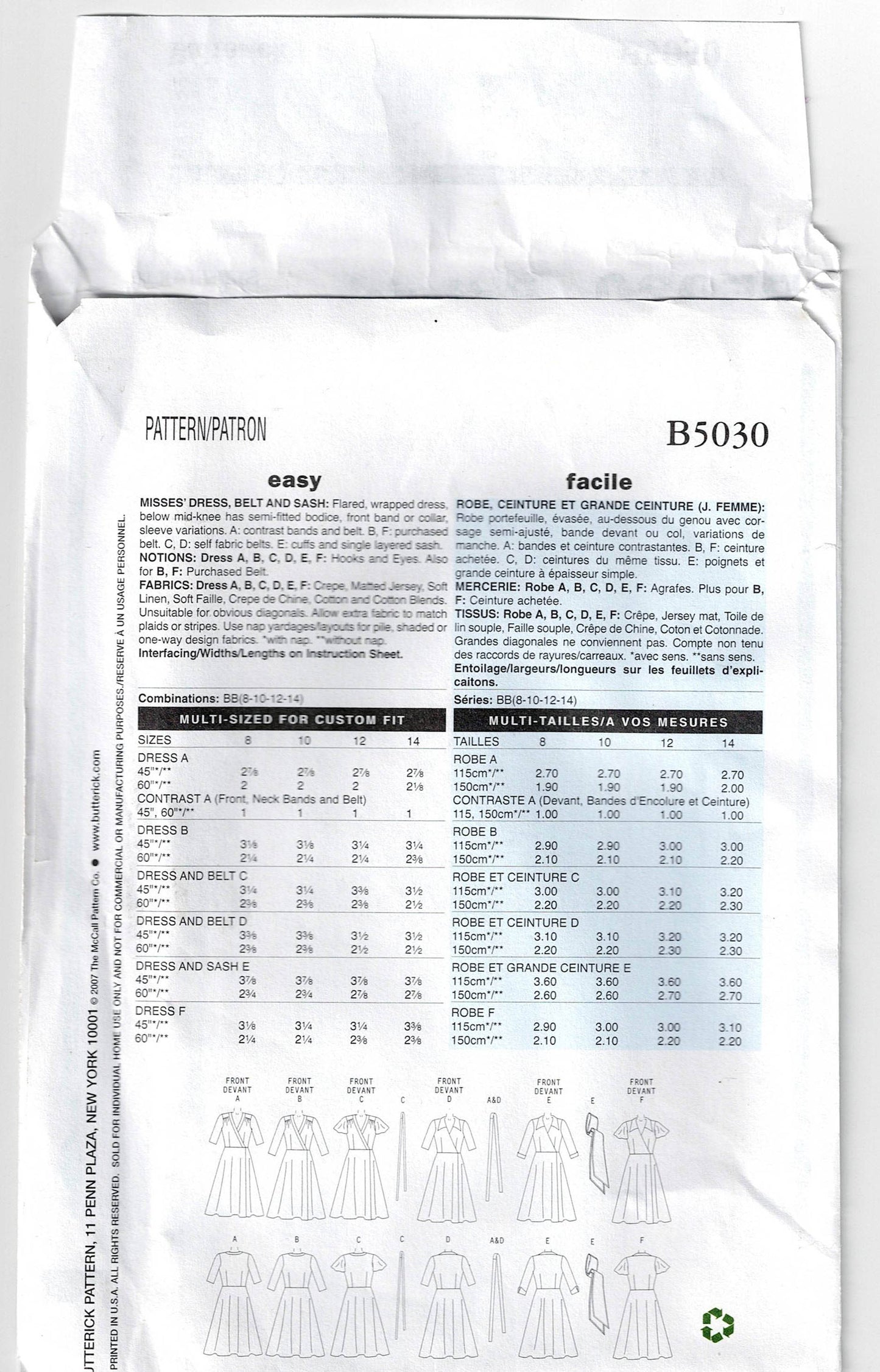 Patrón de costura de cinturón y faja para vestido cruzado de mujer Butterick 5030, talla 8 a 14, sin cortar, doblado de fábrica