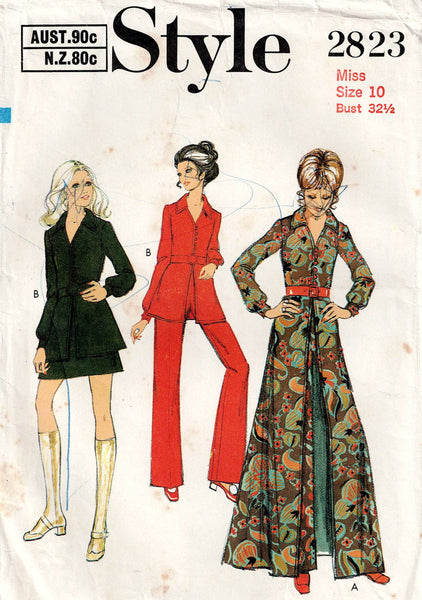 Style 2823 Womens Coatdress  or Tunic Top Mini Skirt & Pants 1970s Vintage Sewing Pattern Size 10 Bust 32.5 inches