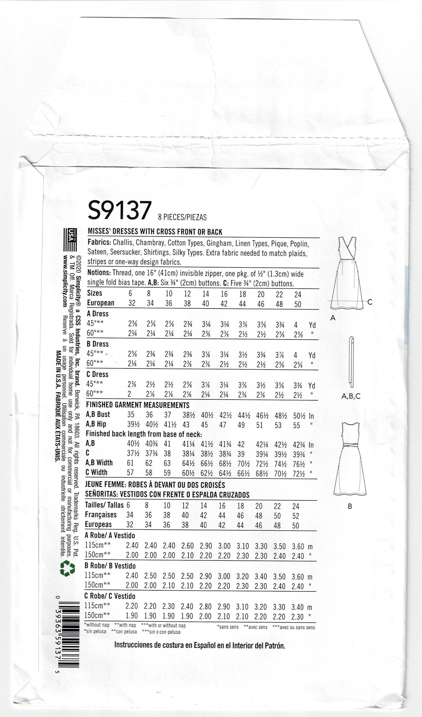 Patrón de costura agotado para vestido cruzado en la parte delantera o trasera para mujer Simplicity 9137, talla 6 a 14, sin cortar, doblado de fábrica