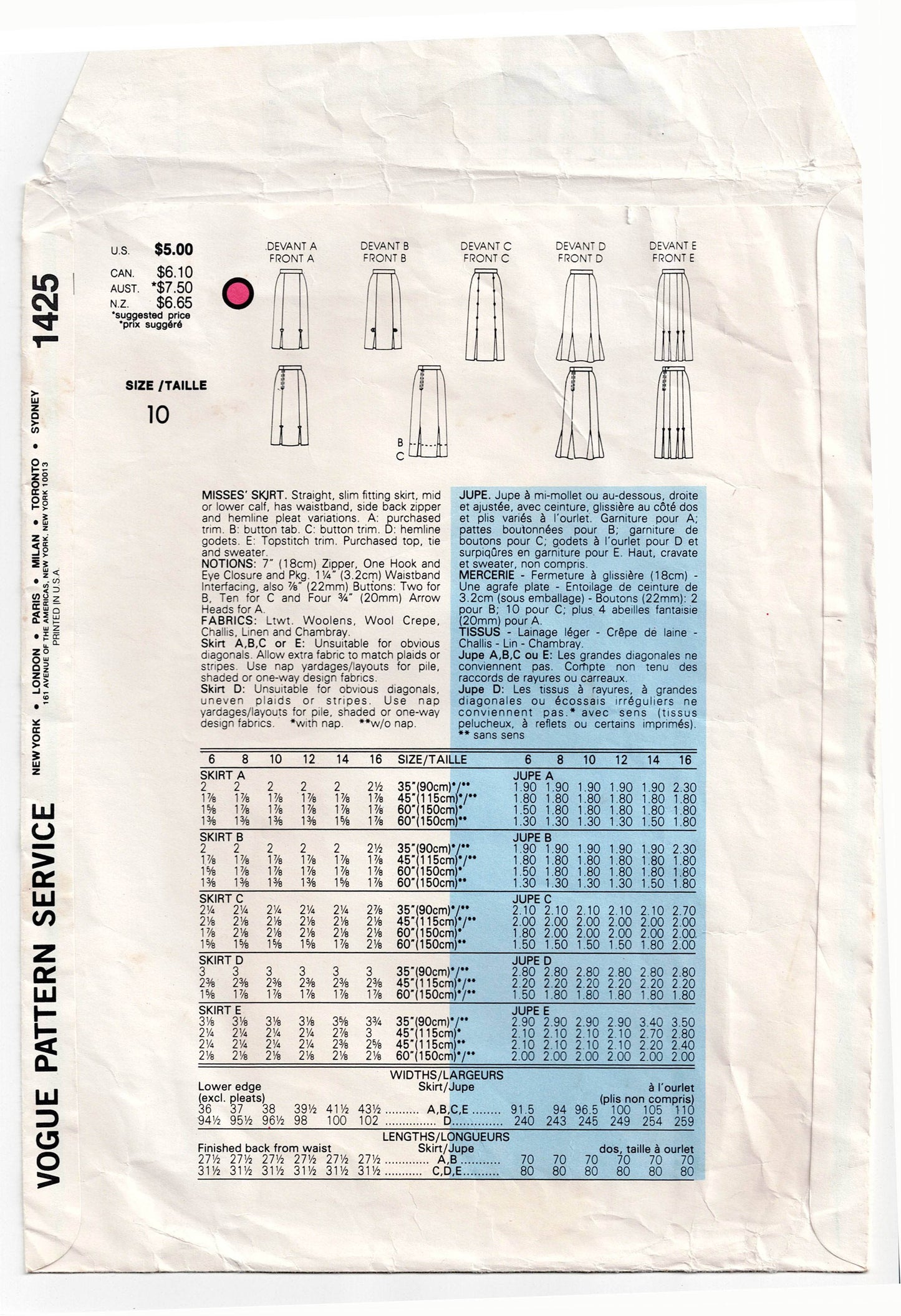 Vogue Basic Design 1425 Womens Pleated Skirts in 5 Styles 1980s Vintage Sewing Pattern Size 10  Waist 25 inches