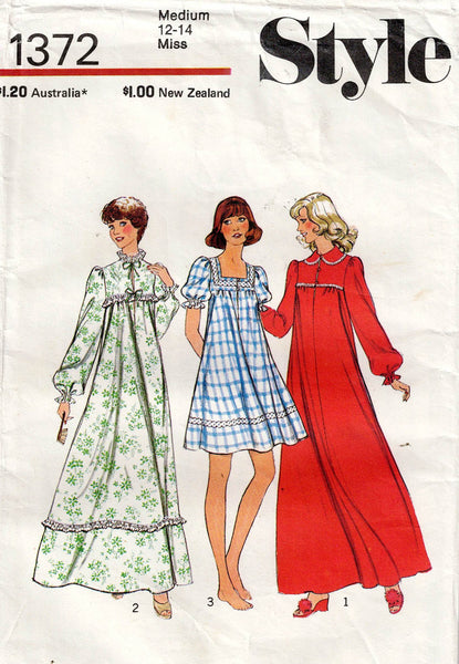 Style 1372 Womens Nightdress with Puff Sleeves Yoke & Collar 1970s Vintage Sewing Pattern Size MEDIUM 12 - 14