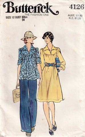 Butterick 4126 Womens Wide Collar Yoked Dress Top & Pants 1970s Vintage Sewing Pattern Size 12 Bust 34 Inches