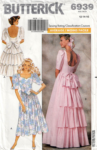 Butterick 6939 Womens Low Back Ruffled Cascade Back Bridesmaid Prom Dress 1980s Vintage Sewing Pattern Size 12 - 16 UNCUT Factory Folded