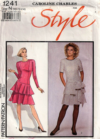Style 1241 CAROLINE CHARLES Womens Drop Waisted Ruffled Dress 1980s Vintage Sewing Pattern Size 10 - 14 UNCUT Factory Folded