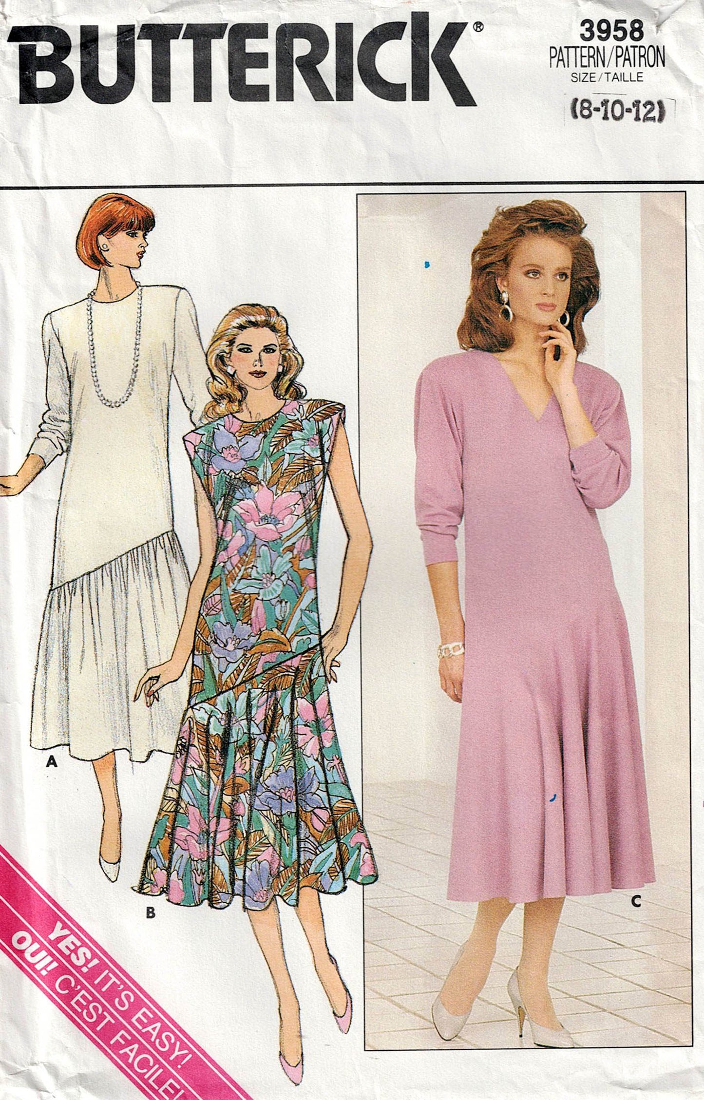 Butterick 3958 Womens EASY Dress with Asymmetric Flounce 1980s Vintage Sewing Pattern Size 8 - 12