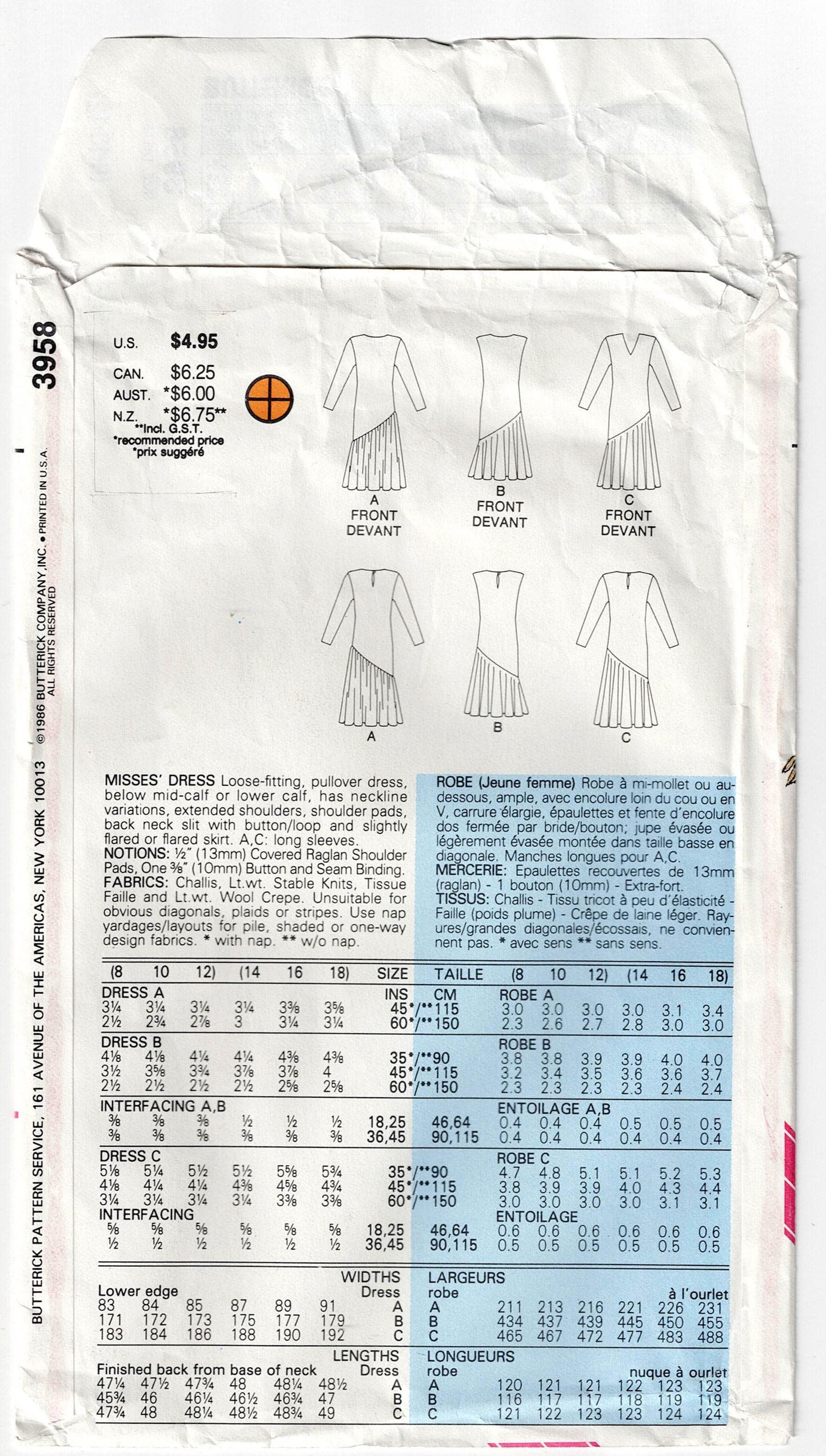 Butterick 3958 Womens EASY Dress with Asymmetric Flounce 1980s Vintage Sewing Pattern Size 8 - 12