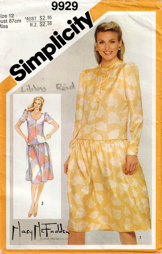 Patrón de costura vintage de los años 80 para vestido de cintura baja MARY McFADDEN para mujer Simplicity 9929, talla 12, busto 34 pulgadas, sin cortar, doblado de fábrica