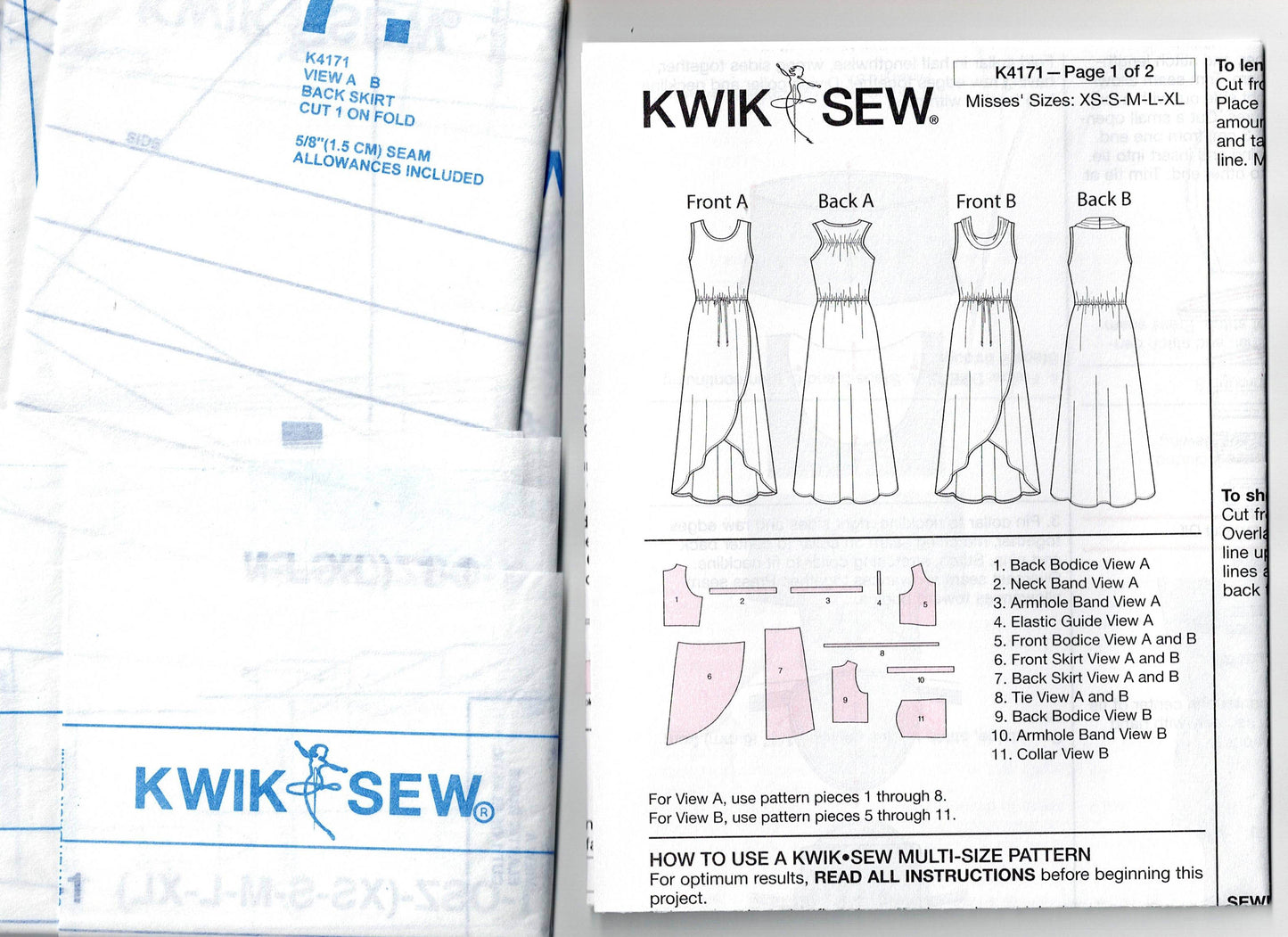 Patrón de costura agotado para vestidos cruzados con cuello vuelto y dobladillo de tulipán para mujer de Kwik Sew 4171, sin cortar, doblado de fábrica, tallas XS a XL