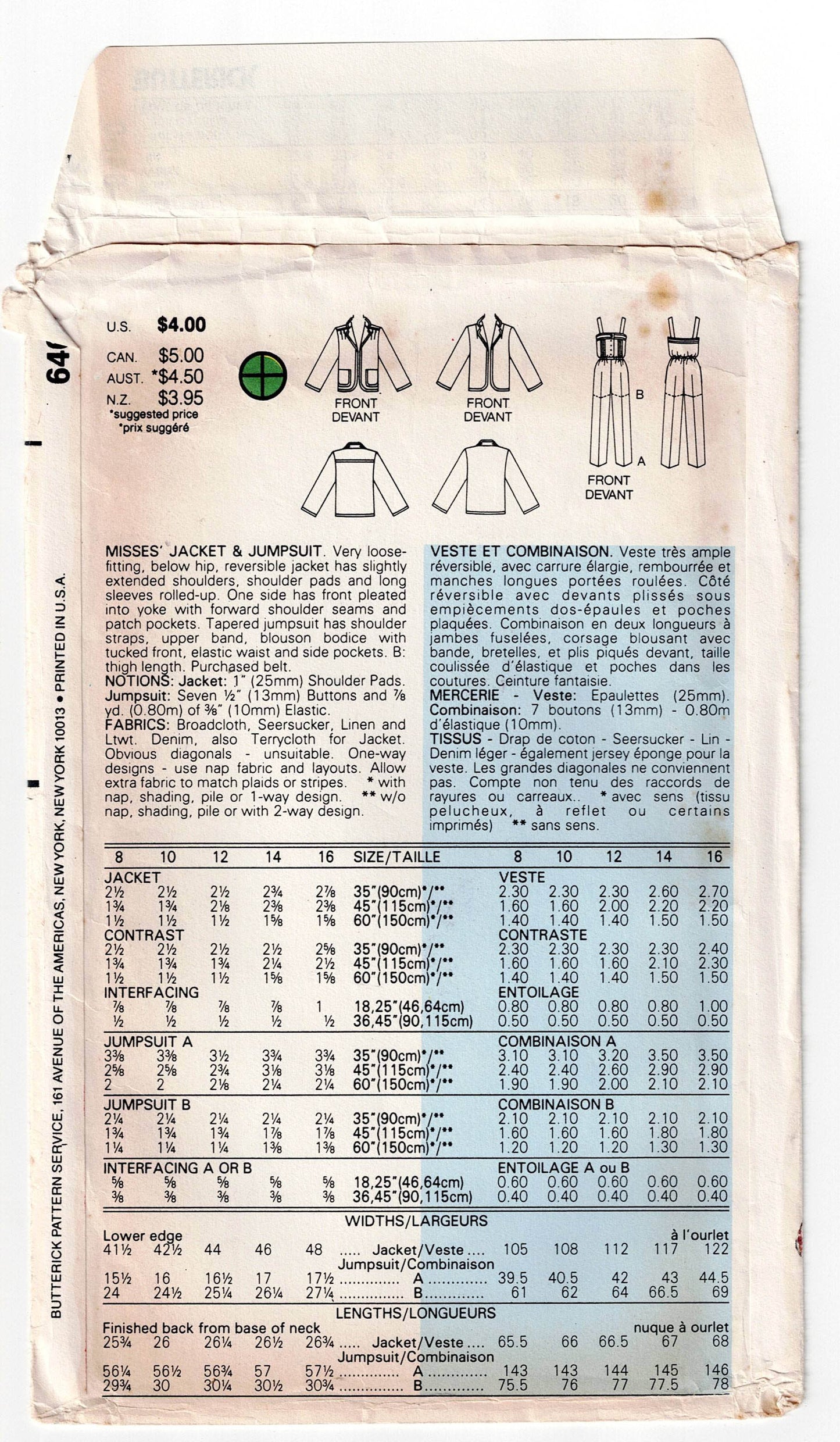 Butterick 6460 Womens Pin Tucked Bodice Jumpsuits & Jacket 1980s Vintage Sewing Pattern Size 12 Bust 34 inches UNCUT Factory Folded