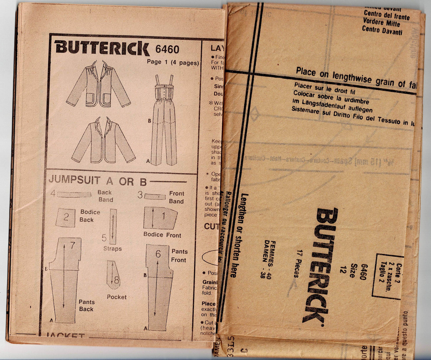 Butterick 6460 Womens Pin Tucked Bodice Jumpsuits & Jacket 1980s Vintage Sewing Pattern Size 12 Bust 34 inches UNCUT Factory Folded