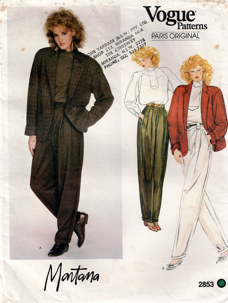 Vogue Paris Original 2853 MONTANA Womens Jacket Pleated High Waist Pants & Blouse 1980s Vintage Sewing Pattern Size 10 Bust 32.5 Inches UNCUT Factory Folded