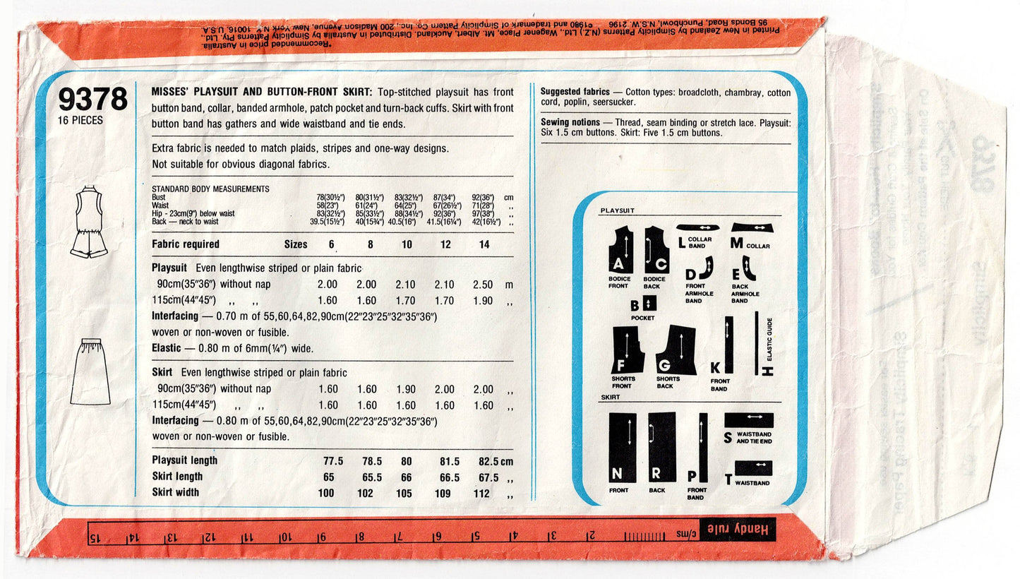 Simplicity 9378 Womens Short Jumpsuit/ Playsuit & Button Front Skirt 1980s Vintage Sewing Pattern Size 14 Bust 36 inches