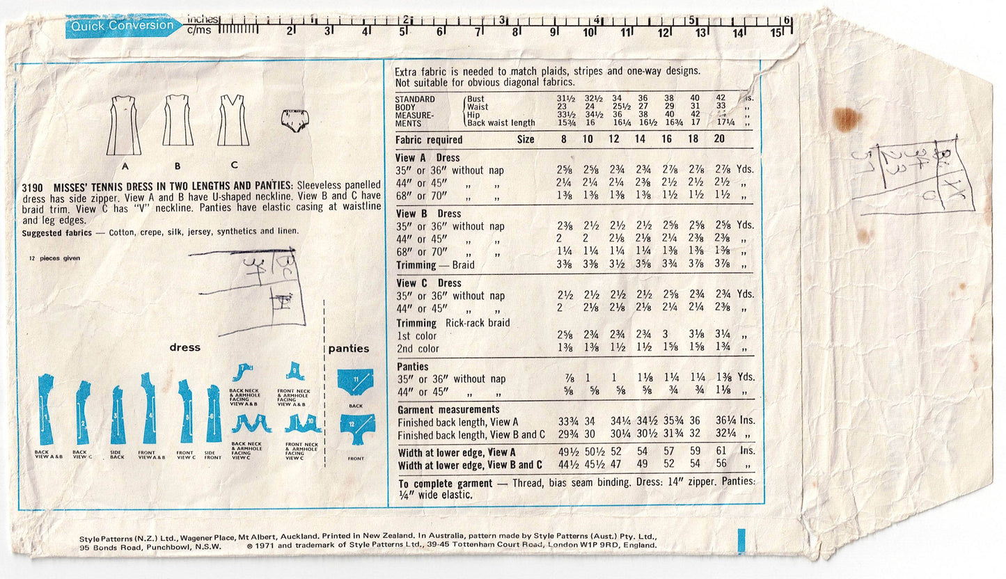 Style 3190 Womens Dress or Tennis Dress & Panties 1970s Vintage Sewing Pattern Size 8 or 16