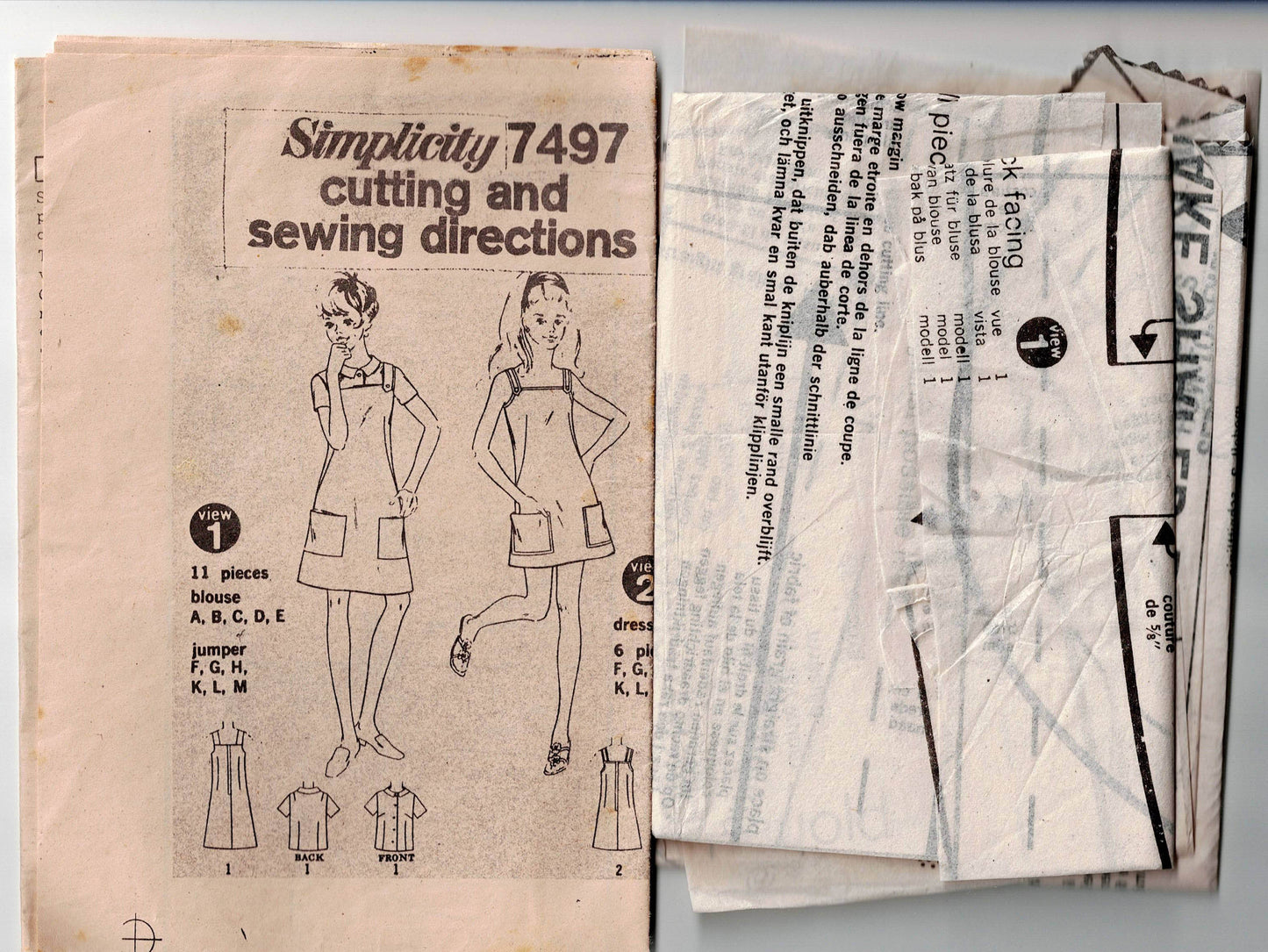 Simplicity 7497 Womens Mini Dress or Pinafore 1960s Vintage Sewing Pattern Size 10 Bust 32.5 inches