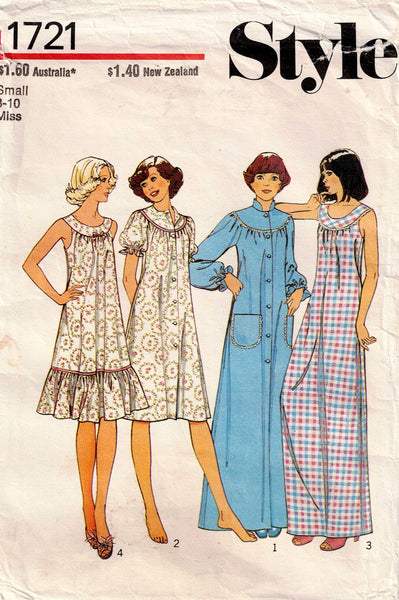 Style 1721 Womens Nightgown & Maxi Robe / Housecoat 1970s Vintage Sewing Pattern Size SMALL 8 - 10