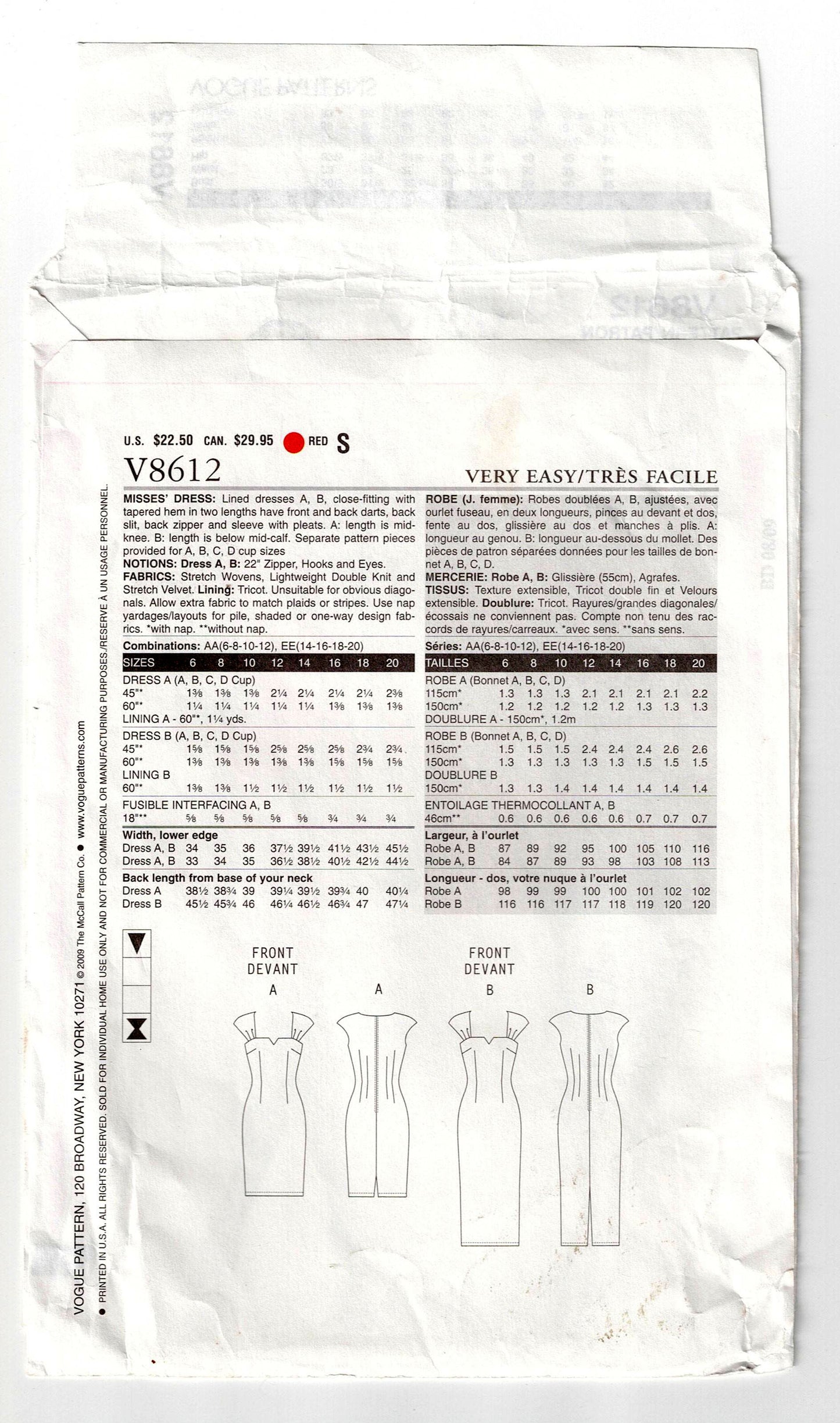 Very Easy Vogue V8612 Womens Stretch  Slim Evening Dress Out Of Print Sewing Pattern Size 14 - 20 UNCUT Factory Folded