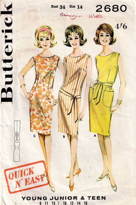 Butterick 2680 Womens Quick N Easy Classic Shift Dress 1960s Vintage Sewing Pattern Size 14 Bust 34 inches