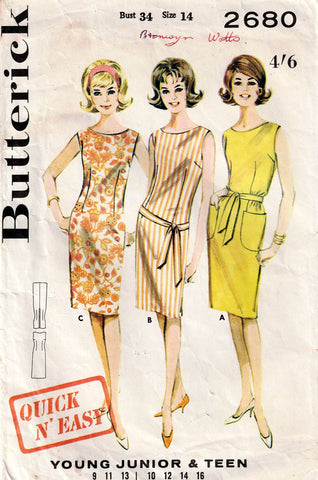 Butterick 2680 Womens Quick N Easy Classic Shift Dress 1960s Vintage Sewing Pattern Size 14 Bust 34 Inches