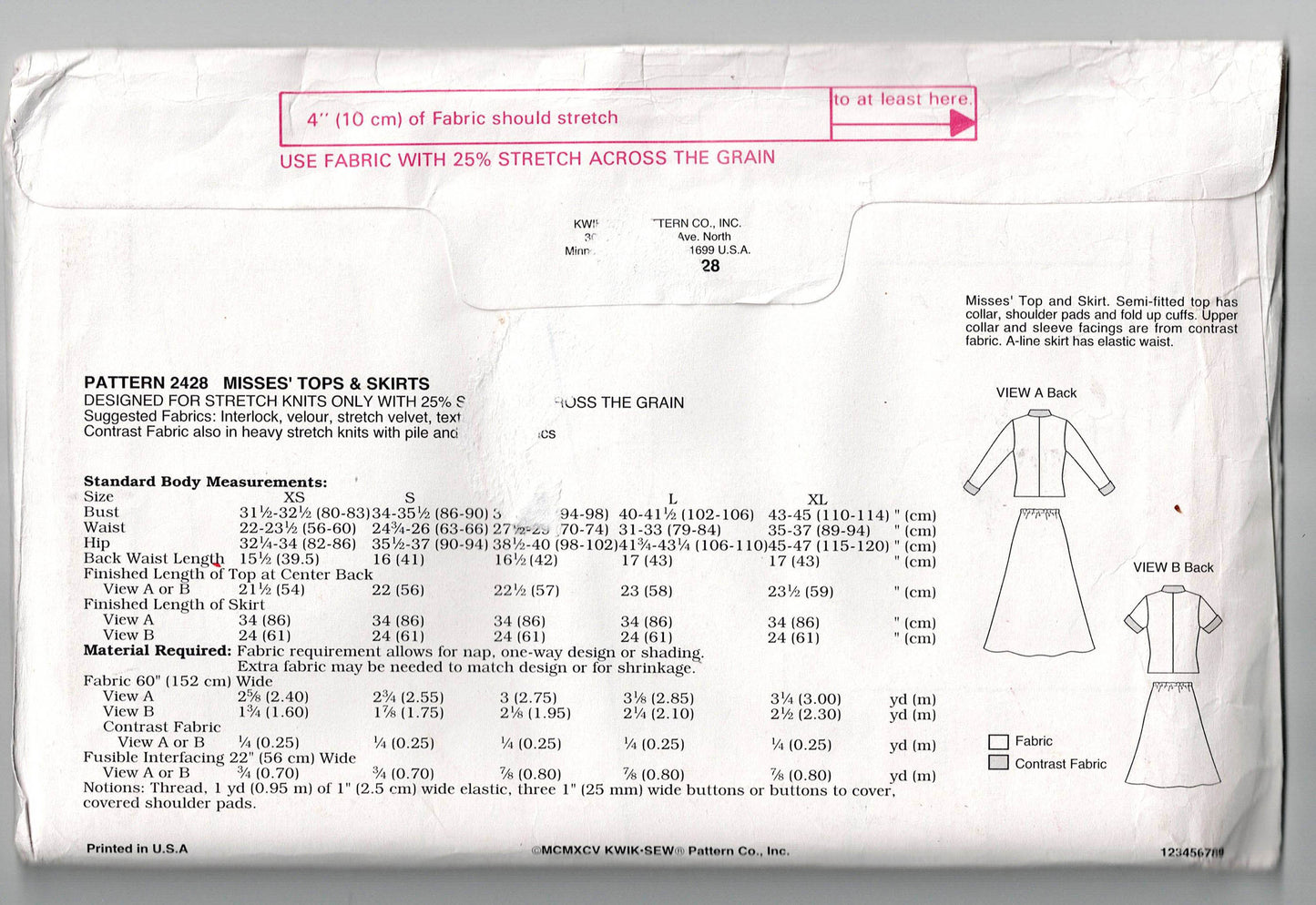 Kwik Sew 2428 Womens Stretch Tops & Skirts 1990s Vintage Sewing Pattern Size XS - XL UNCUT Factory Folded