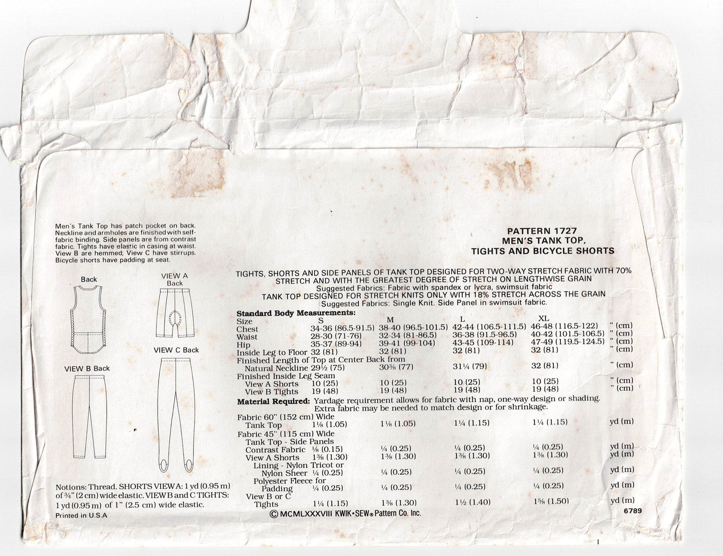 Kwik Sew 1727 Mens Stretch Lycra Tank Tops Bike Shorts Stirrup Pants Activewear 1980s Vintage Sewing Pattern Size S-XL UNCUT Factory Folded