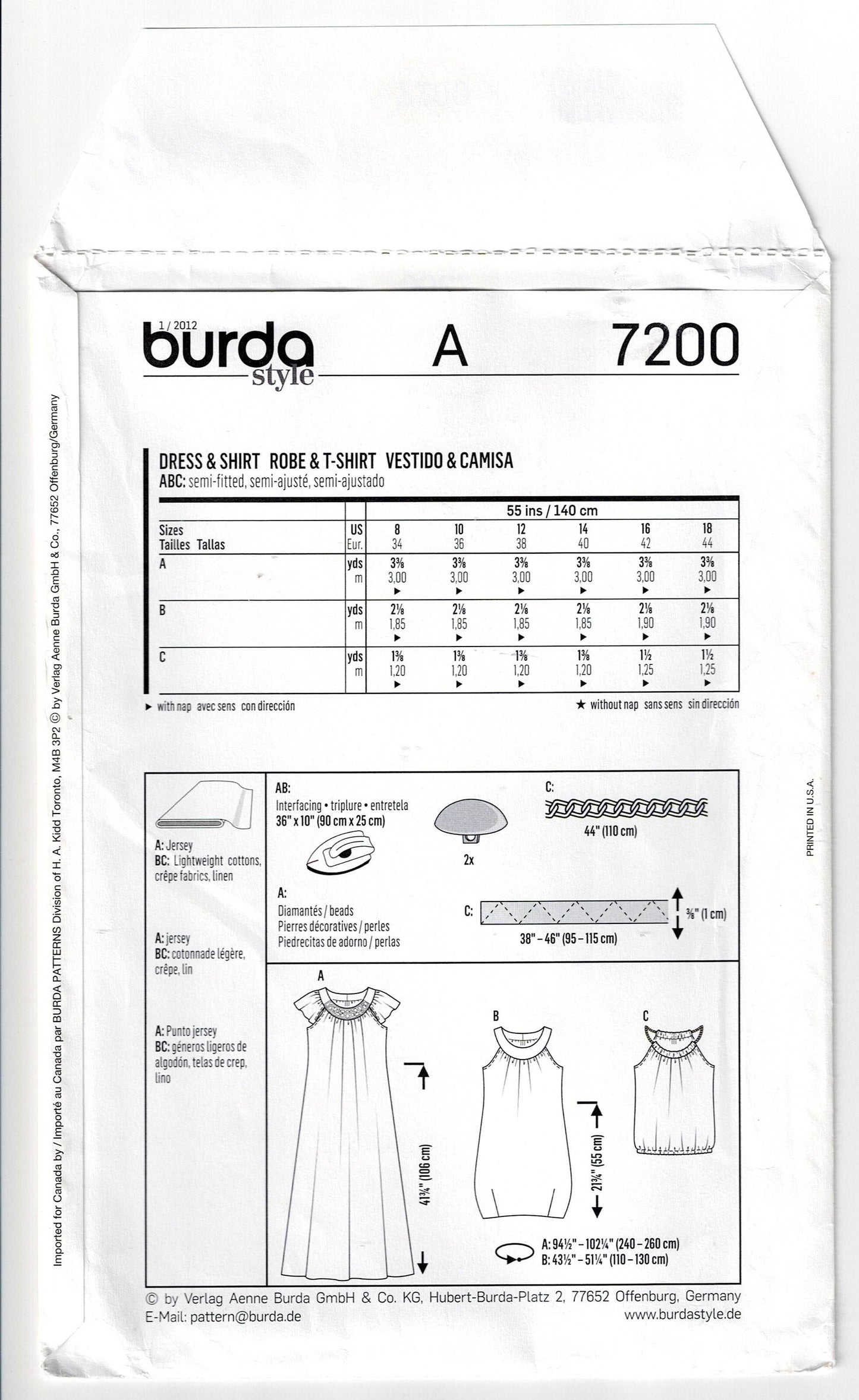 Burda 7200 Womens Round Yoked Raglan Sleeved Dress or Top Out Of Print Sewing Pattern Sizes 8 - 18 UNCUT Factory Folded