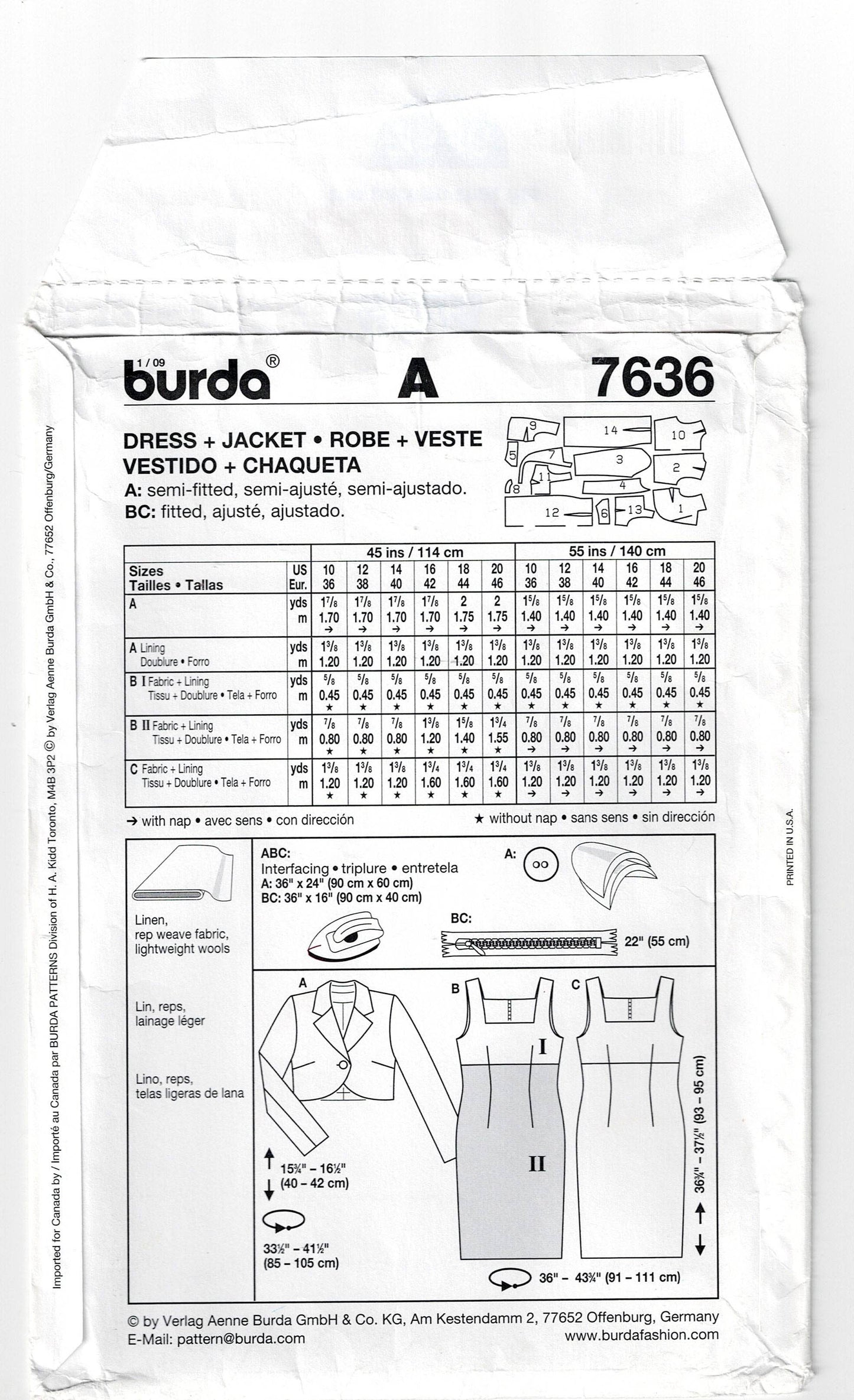 Burda 7636 Womens Square Yoked Sheath Dress & Bolero Jacket Out Of Print Sewing Pattern Sizes 10 - 20 UNCUT Factory Folded
