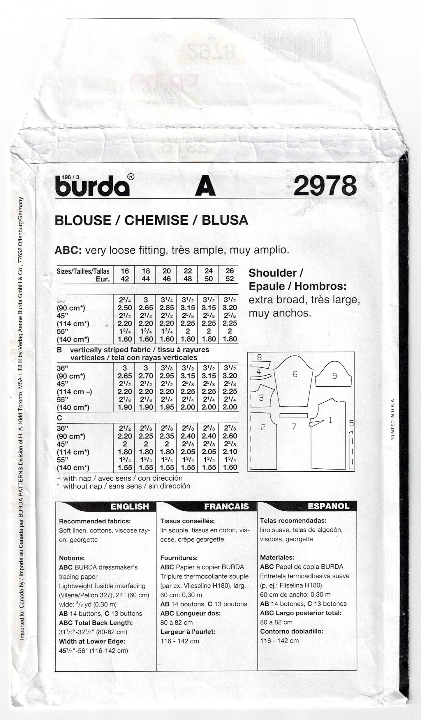 Burda 2978 Womens Plus Size Shirts Out Of Print Sewing Pattern Sizes 16 - 26 UNCUT Factory Folded