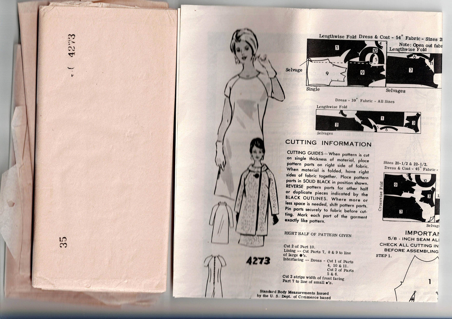 Mail Order 4273 Womens Half Size Raglan Sleeved Coat & Dress 1960s Vintage Sewing Pattern Bust 35 inches