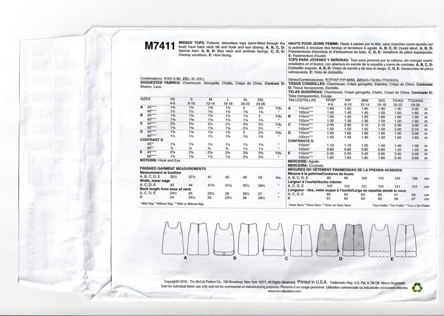 McCall's 7411 Womens EASY Pullover Sleeveless Summer Overlay Tops Out Of Print Paper Sewing Pattern Sizes XS - M or L - XXL UNCUT Factory Folded