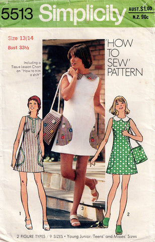 Simplicity 5513 Young Junior Teens Pocket Trimmed Mini Shift Dress & Bag 1970s Vintage Sewing Pattern Bust 33.5 inches