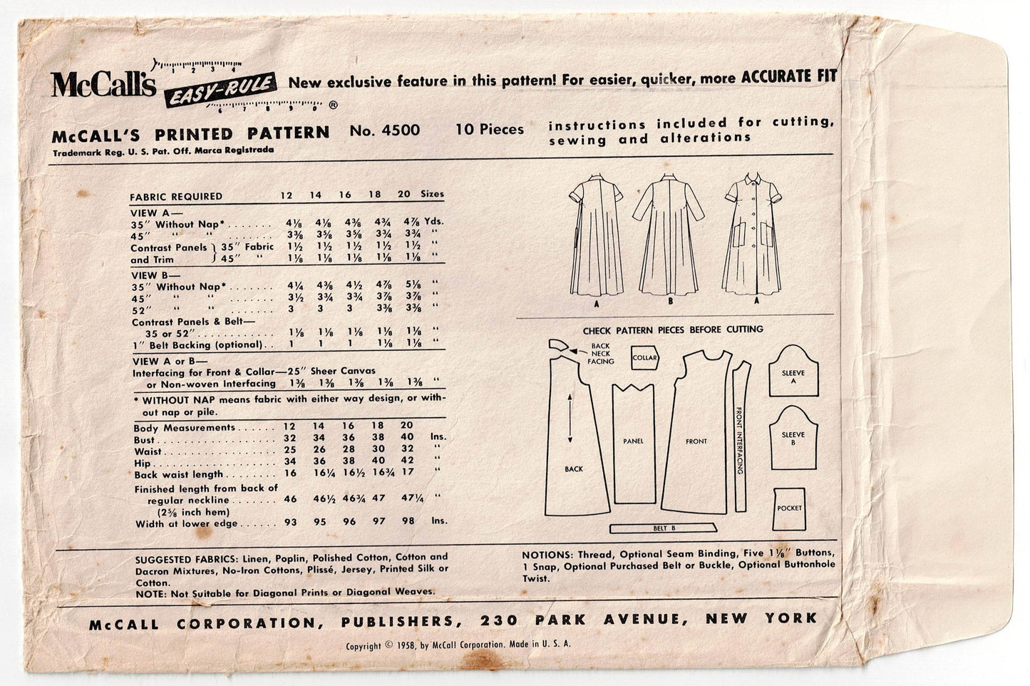 McCall's 4500 Womens EASY Duster Dress 1950s Vintage Sewing Pattern Size 16 Bust 36 inches UNCUT Factory Folded
