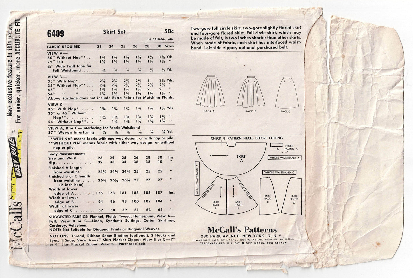 McCall's 6409 Womens Set Of Skirts Including Classic Circle Skirt 1960s Vintage Sewing Pattern Waist 26 inches