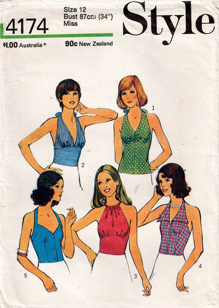 Style 4174 Womens Summer Halter Tops 1970s Vintage Sewing Pattern Size 12 Bust 34 Inches