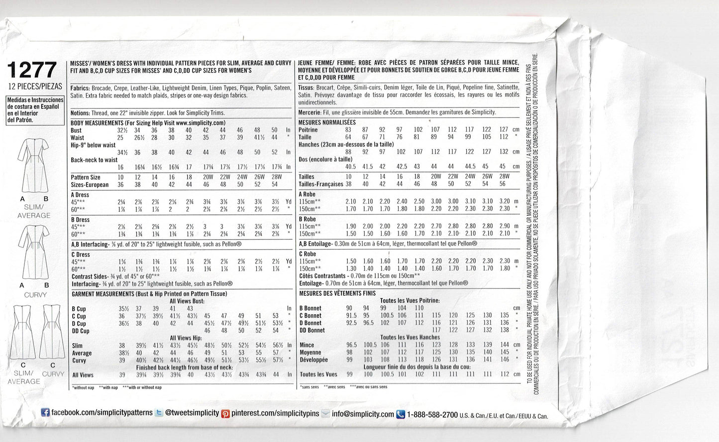 Patrón de costura agotado para vestido con paneles laterales y bolsillos AMAZING FIT de Simplicity 1277 para mujer, tallas 10 a 18, sin cortar, doblado de fábrica