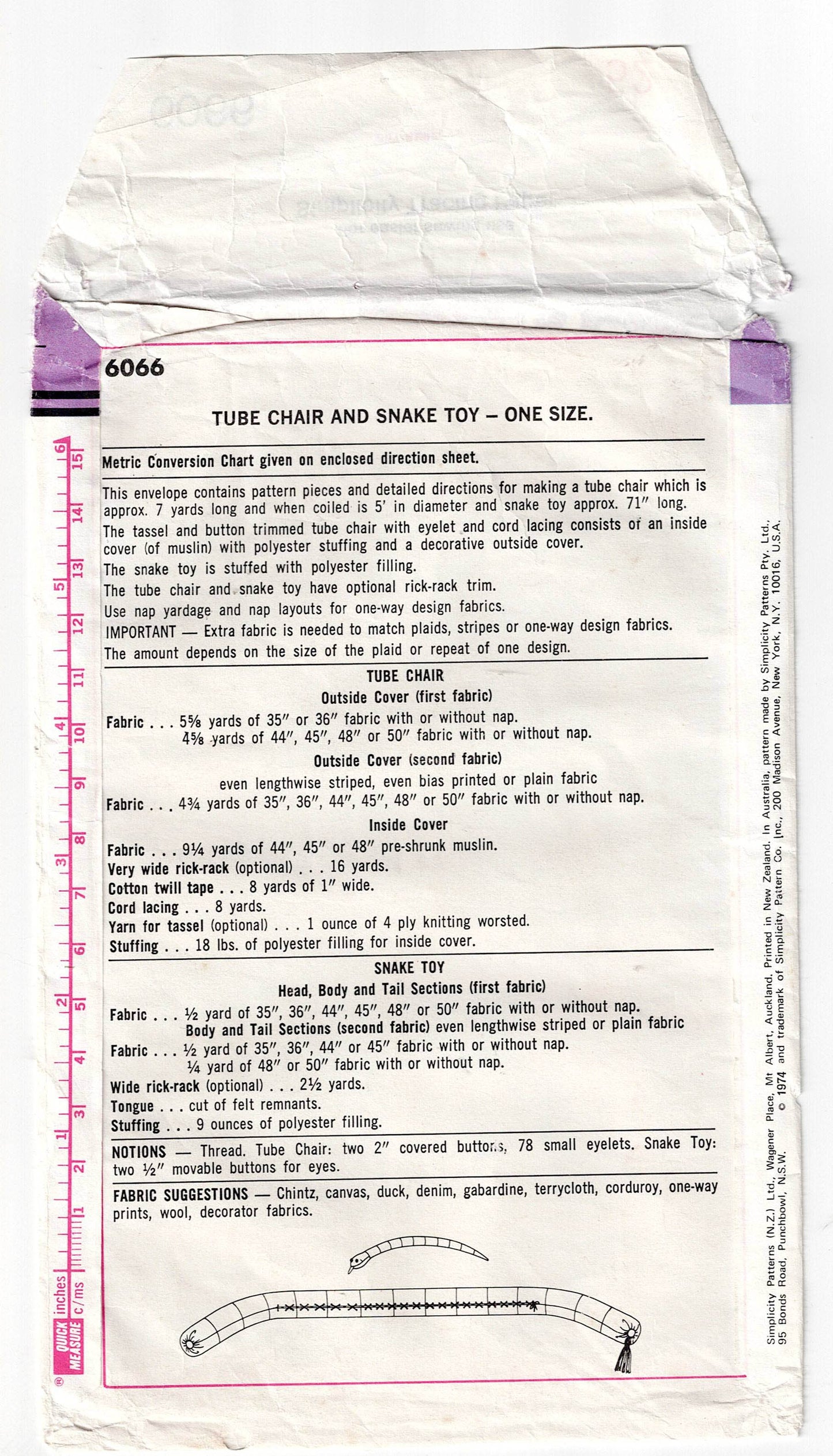 Patrón de costura vintage de los años 70 sin cortar y doblado de fábrica Simplicity 6066 Tube Chair &amp; Snake Toy