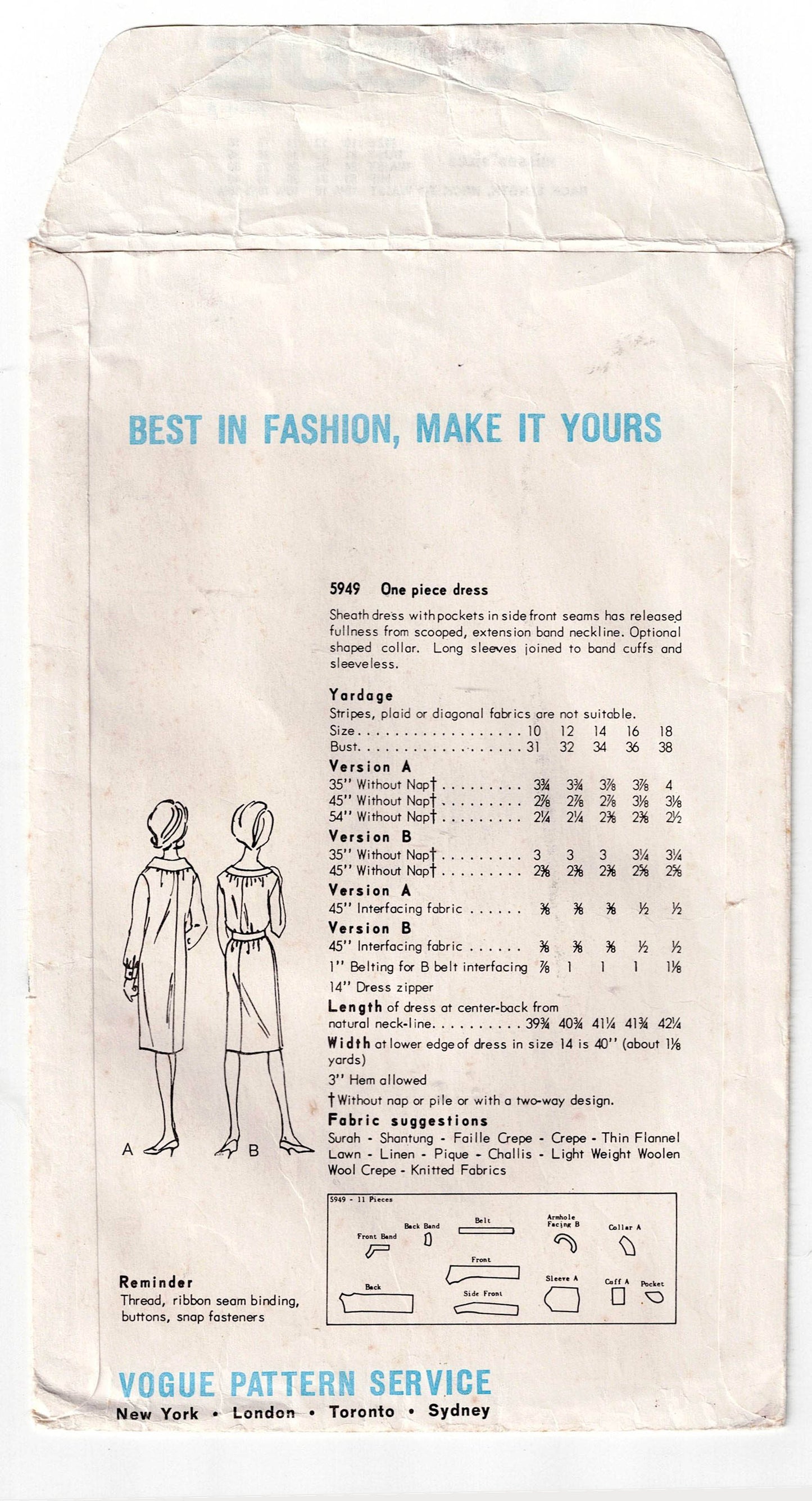 Vogue 5949 Womens Sheath Dress with Pockets 1960s Vintage Sewing Pattern Size 14 Bust 34 inches UNUSED Factory Folded