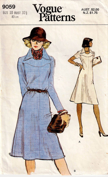 Vogue 9059 Womens A Line Wide Collar Yoked Tent Dress 1970s Vintage Sewing Pattern Size 10 Bust 32.5 inches