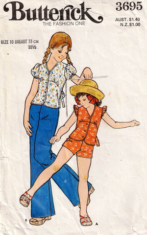 Butterick 3695 Girls Puff or Flutter Sleeved Top Shorts & Pants 1970s Vintage Sewing Pattern Size 10