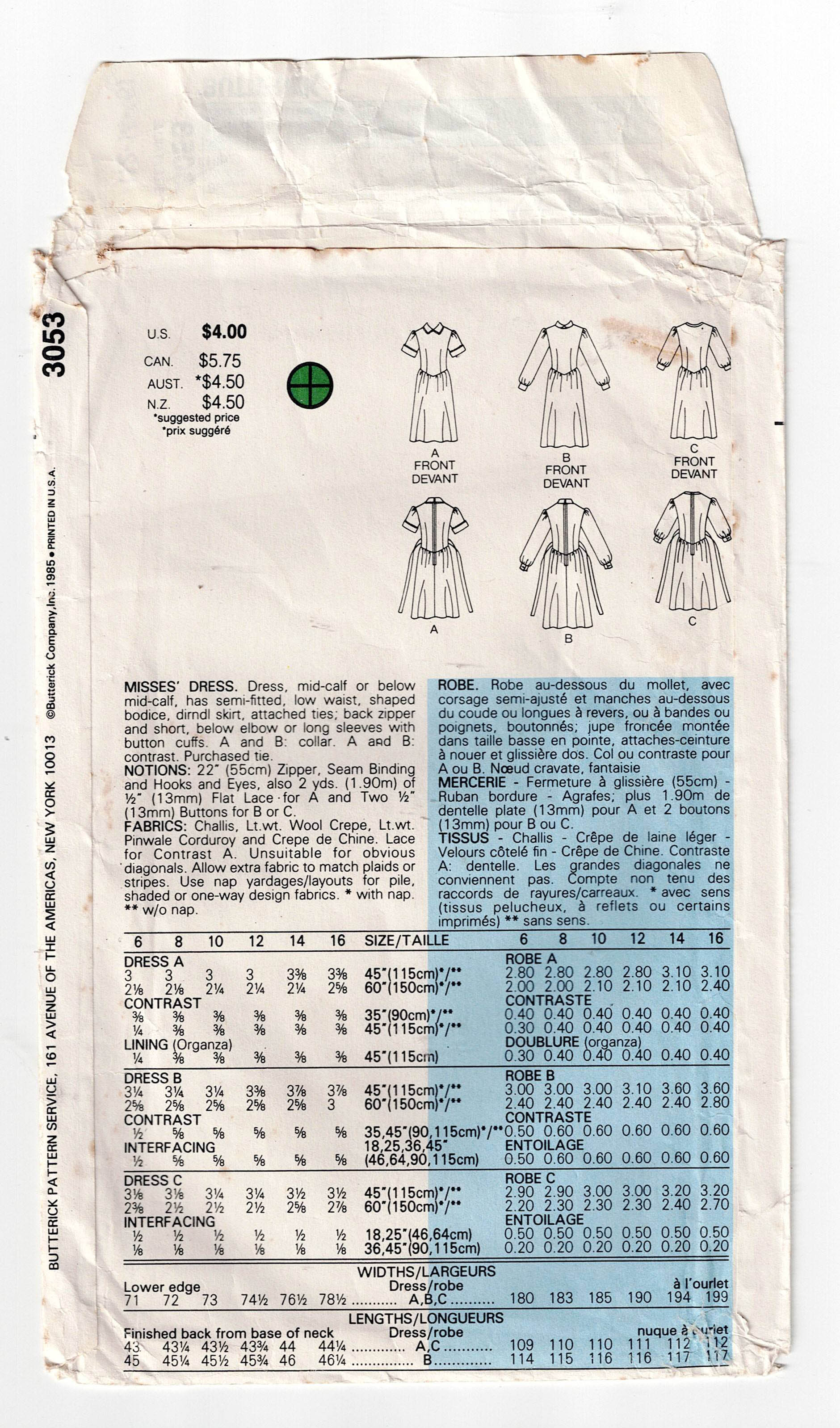 Butterick 3053 Womens Full Skirt Dress with Pointed Bodice 1980s Vintage Sewing Pattern Size 12 16 UNCUT Factory Folded