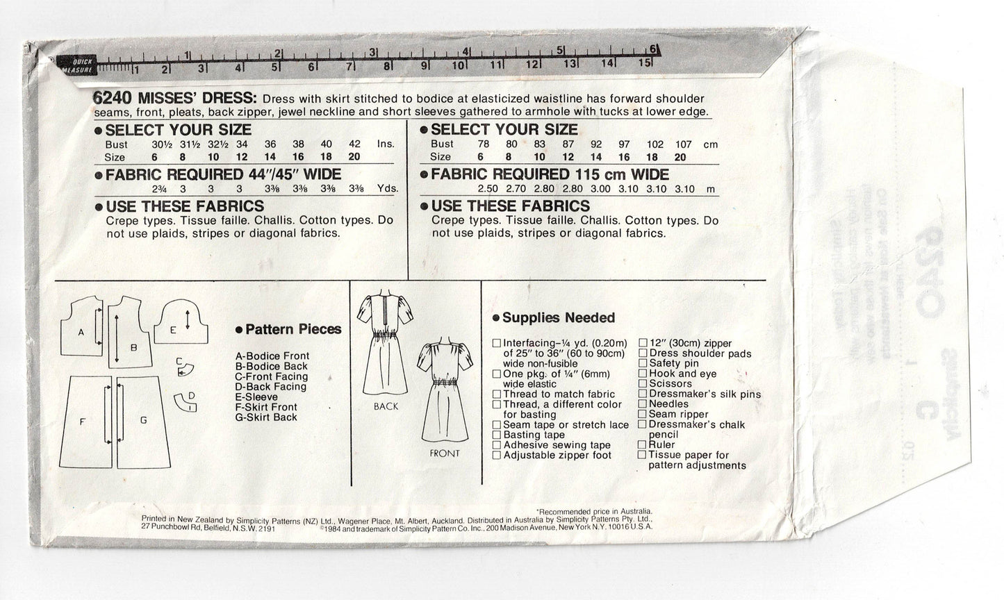 Simplicity 6240 Womens EASY Tucked Shoulder Dress 1980s Vintage Sewing Pattern Size 12 Bust 34 inches