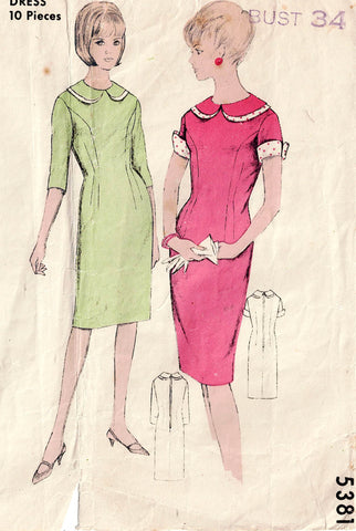 Mail Order 5381 RARE Womens Dart Fitted Sheath Dress with Double Collar & Turn Back Cuffs 1960s Vintage Sewing Pattern Bust 34 inches