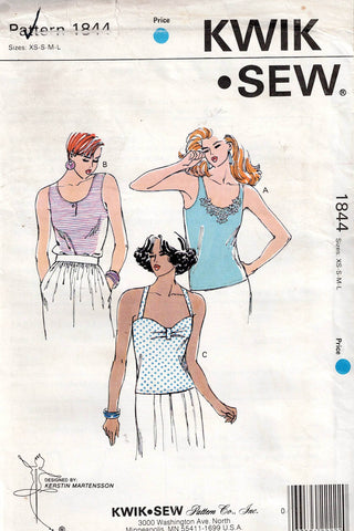 Kwik Sew 1844 Womens Stretch Sleeveless Tops 1980s Vintage Sewing Pattern Size XS - L UNCUT Factory Folded
