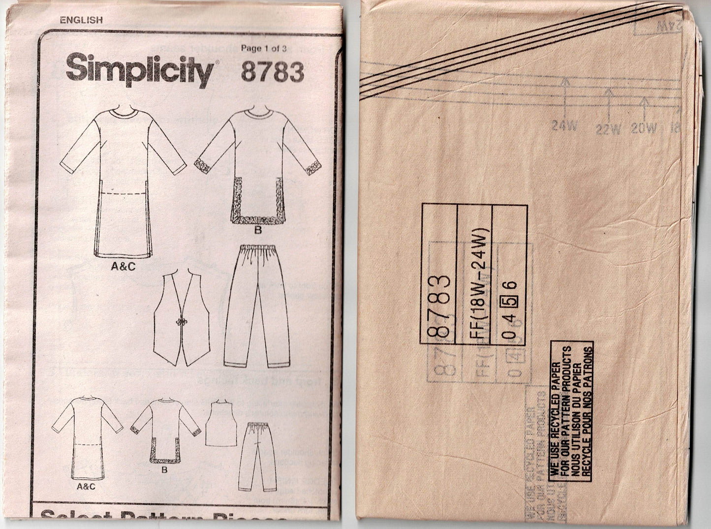 Simplicity 8783 Womens EASY 2 Hour Tunic Vest & Pants 1990s Vintage Sewing Pattern Sizes 18W - 24W UNCUT Factory Folded