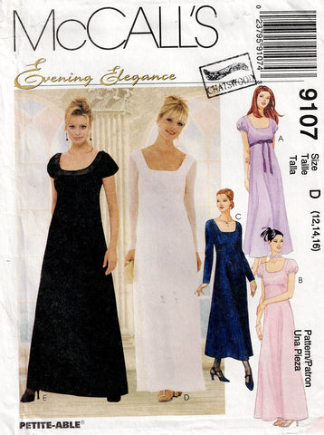 McCall's 9107 Womens Evening Elegance Empire Waisted Evening Dress 1990s Vintage Sewing Pattern Size 12 - 16 UNCUT Factory Folded