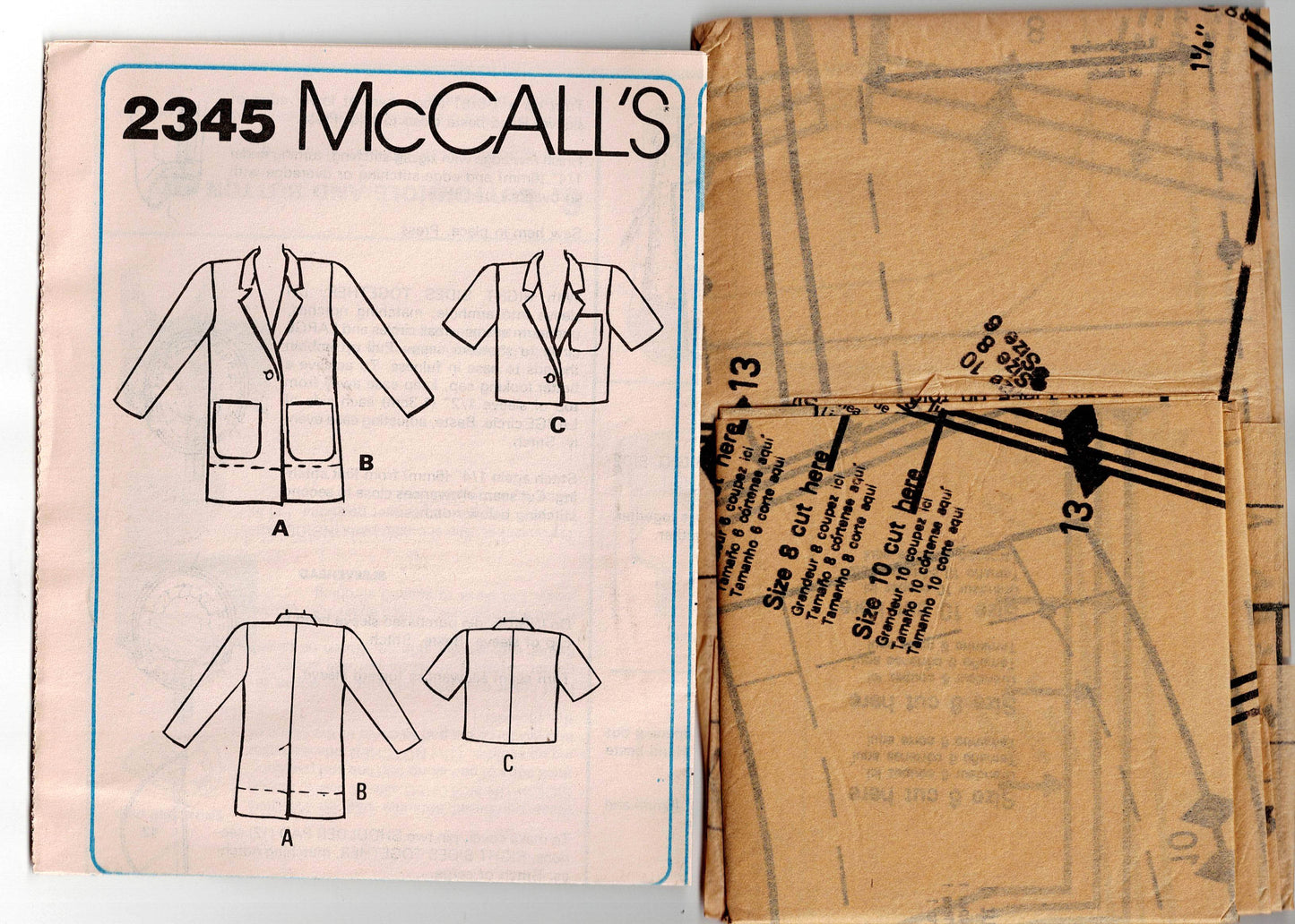 McCall's 2345 Womens Short or Long Sleeved Jacket 1980s Vintage Sewing Pattern Size 6 - 10 UNCUT Factory Folded