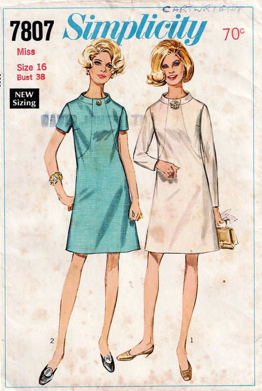 Simplicity 7807 Womens A Line Funnel Neck Shift Dress with Seam Interest 1960s Vintage Sewing Pattern Size 16 Bust 38 inches