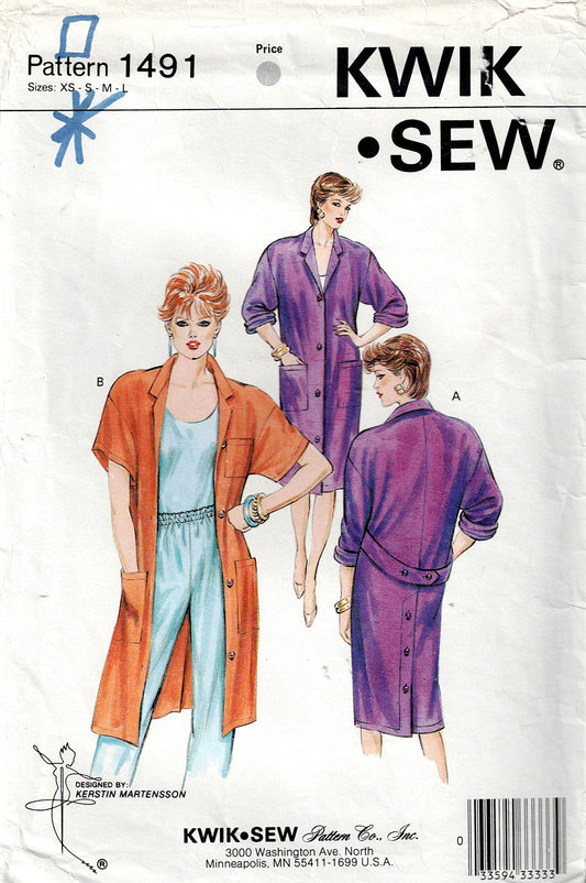 Kwik Sew 1491 Womens Duster Coat 1980s Vintage Sewing Pattern Size XS-L UNCUT Factory Folded