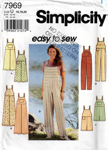 Simplicity 7969 EASY Womens High Waisted Dungarees & Jumper Dress 1990s Sewing Pattern Size 16 - 20 UNCUT Factory Folded