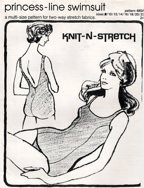 Knit N Stretch 480 A Womens Low Back Princess Seamed V Back Boyleg Swimsuit 1970s Vintage Sewing Pattern Sizes 10 - 24 UNCUT Factory Folded